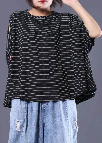 Women black striped cotton clothes off the shoulder Plus Size Clothing summer top - SooLinen