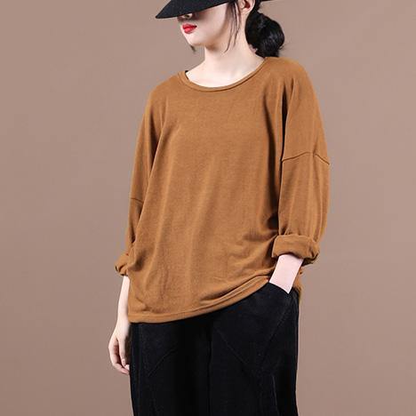 Women brown shirts o neck baggy cotton fall shirts - SooLinen