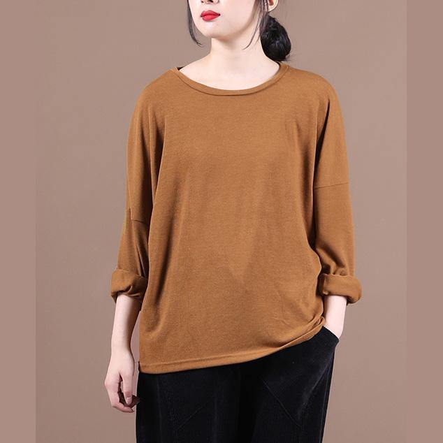 Women brown shirts o neck baggy cotton fall shirts - SooLinen