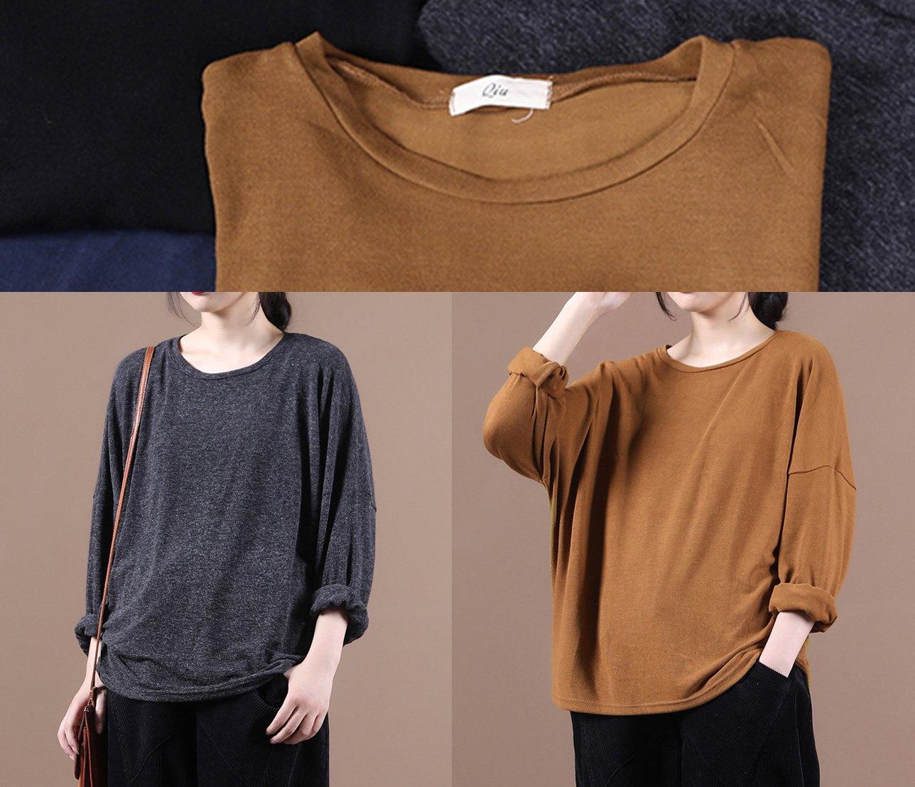 Women brown shirts o neck baggy cotton fall shirts - SooLinen