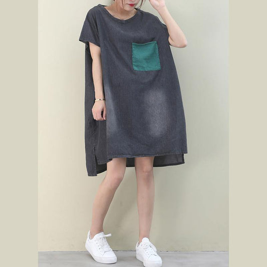 Women denim black Cotton clothes Women o neck green pockets Midi Dresses - SooLinen