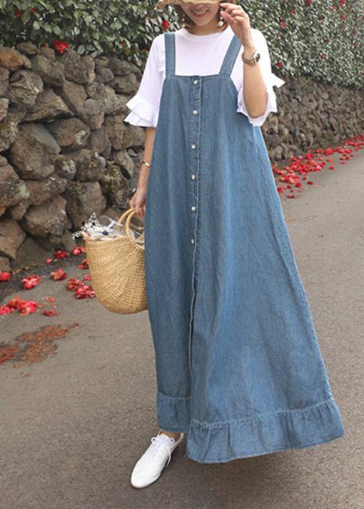 Women denim blue quilting dresses Spaghetti Strap Ruffles loose Dresses - SooLinen