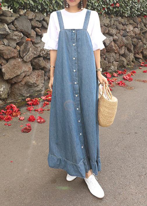 Women denim blue quilting dresses Spaghetti Strap Ruffles loose Dresses - SooLinen