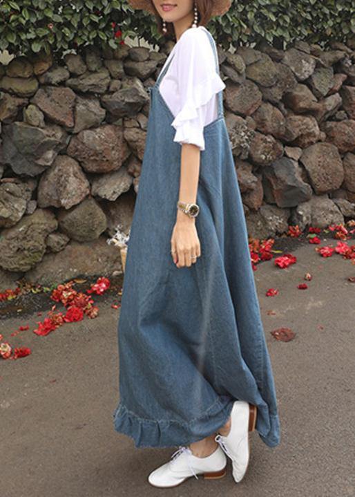 Women denim blue quilting dresses Spaghetti Strap Ruffles loose Dresses - SooLinen