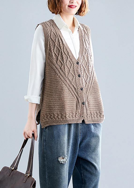 Women fall dark khaki v neck knitted blouse Loose fitting sleeveless clothes - SooLinen