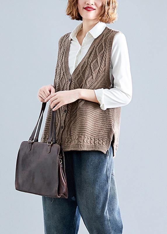 Women fall dark khaki v neck knitted blouse Loose fitting sleeveless clothes - SooLinen