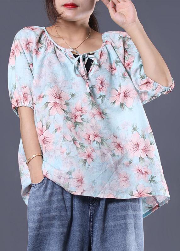 Women floral cotton linen tops women blouses design v neck summer shirt - SooLinen