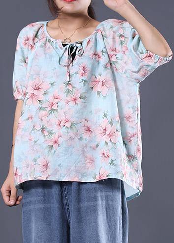 Women floral cotton linen tops women blouses design v neck summer shirt - SooLinen