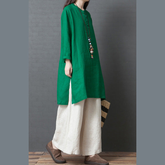 Women green linen outfit Casual Fabrics Chinese Button short side open Dress