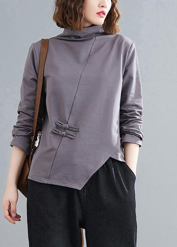 Women high neck Chinese Button clothes Tunic Tops gray blouses - SooLinen