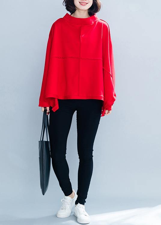 Women high neck asymmetric clothes Shirts red top - SooLinen