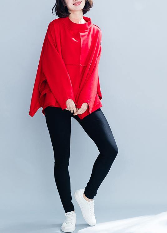 Women high neck asymmetric clothes Shirts red top - SooLinen