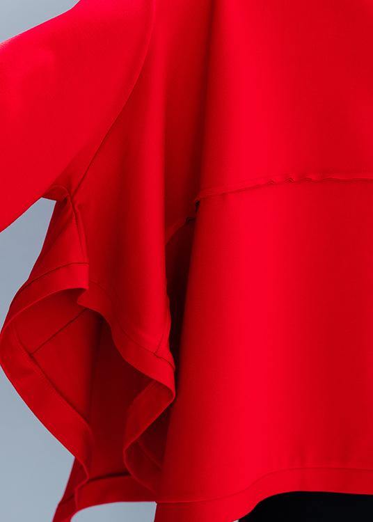 Women high neck asymmetric clothes Shirts red top - SooLinen