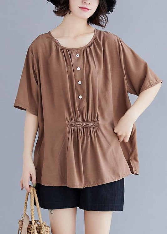 Women khaki cotton clothes o neck half sleeve box summer top - SooLinen