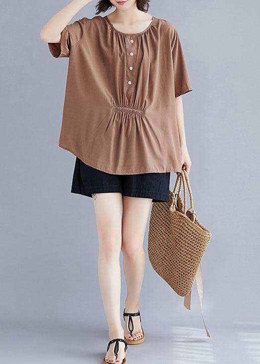 Women khaki cotton clothes o neck half sleeve box summer top - SooLinen