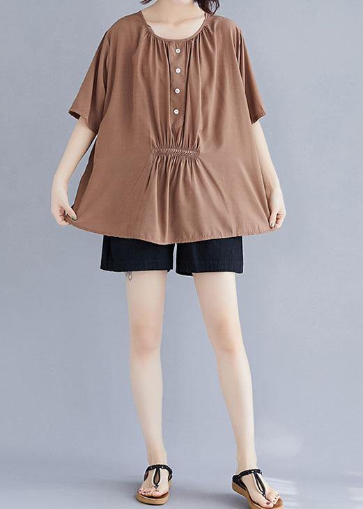 Women khaki cotton clothes o neck half sleeve box summer top - SooLinen