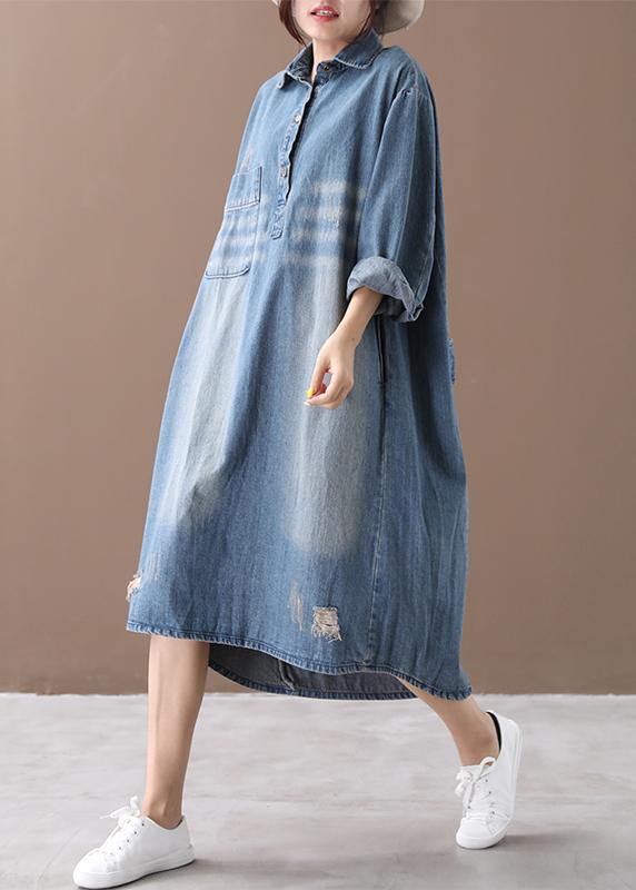 Women lapel Hole spring outfit Shape denim blue Dresses - SooLinen