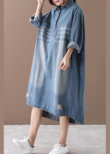 Women lapel Hole spring outfit Shape denim blue Dresses - SooLinen