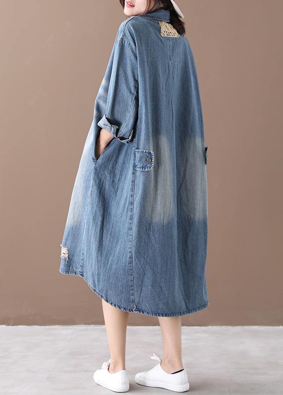 Women lapel Hole spring outfit Shape denim blue Dresses - SooLinen