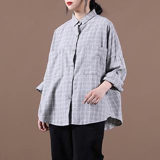 Women lapel pockets clothes Inspiration light gray plaid shirts - SooLinen