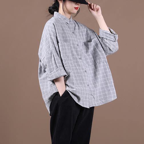 Women lapel pockets clothes Inspiration light gray plaid shirts - SooLinen