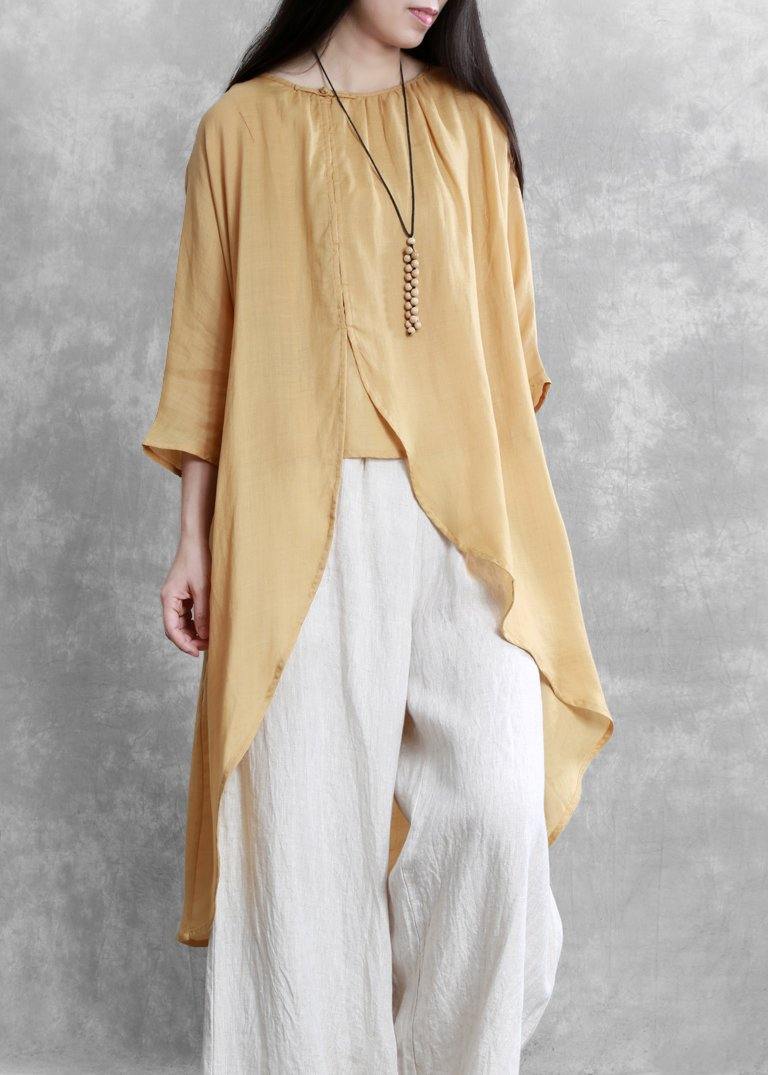 Women o neck asymmetric crane tops pattern yellow tops - SooLinen