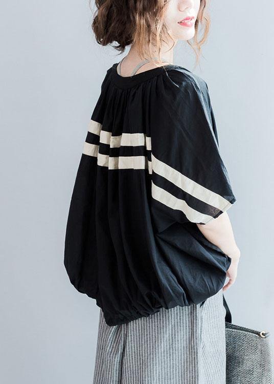 Women o neck cotton clothes design black striped blouse summer - SooLinen