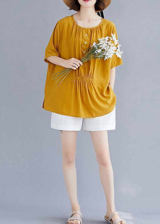 Women o neck half sleeve cotton clothes For design yellow blouse summer - SooLinen