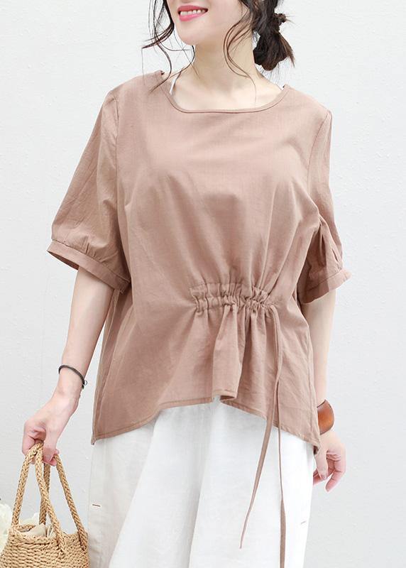 Women o neck lantern sleeve cotton linen tunic top Neckline khaki summer blouses - SooLinen