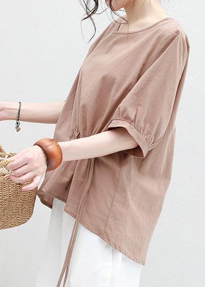 Women o neck lantern sleeve cotton linen tunic top Neckline khaki summer blouses - SooLinen