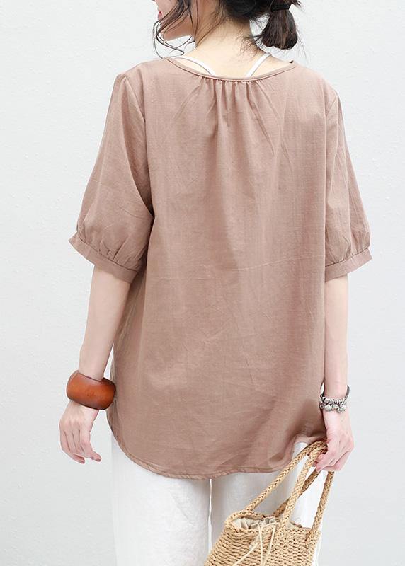 Women o neck lantern sleeve cotton linen tunic top Neckline khaki summer blouses - SooLinen