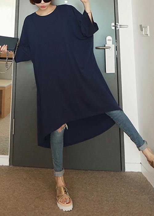 Women o neck low high design Cotton dresses Sleeve navy Dresses - SooLinen