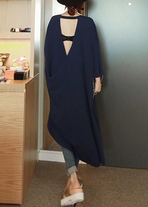 Women o neck low high design Cotton dresses Sleeve navy Dresses - SooLinen