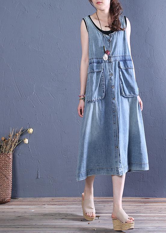 Women o neck pockets Cotton summer Tunics Tutorials denim blue Dresses - SooLinen