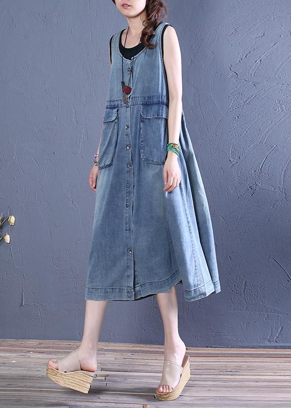 Women o neck pockets Cotton summer Tunics Tutorials denim blue Dresses - SooLinen