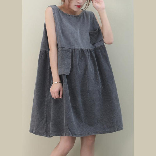 Women o neck Cinched Cotton dresses Fabrics denim gray Dresses - SooLinen