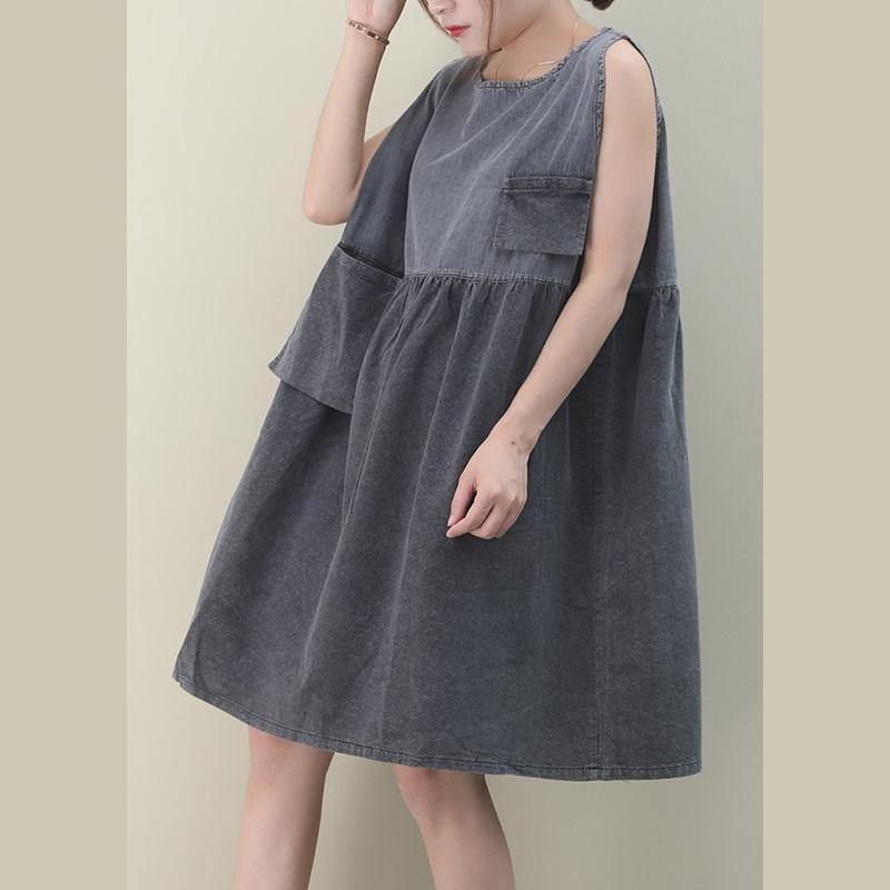 Women o neck Cinched Cotton dresses Fabrics denim gray Dresses - SooLinen