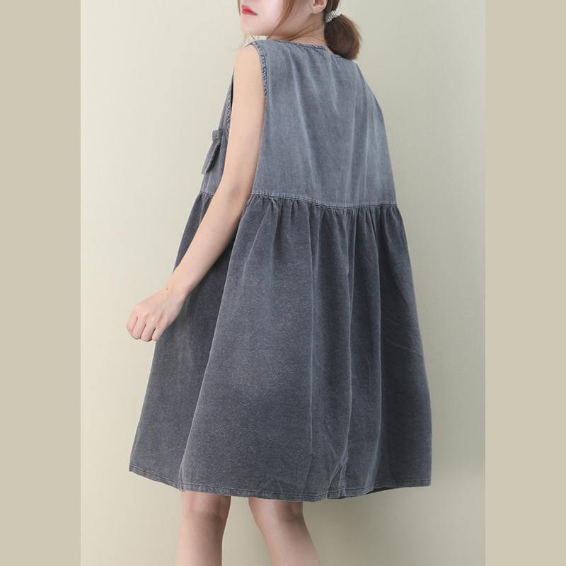 Women o neck Cinched Cotton dresses Fabrics denim gray Dresses - SooLinen