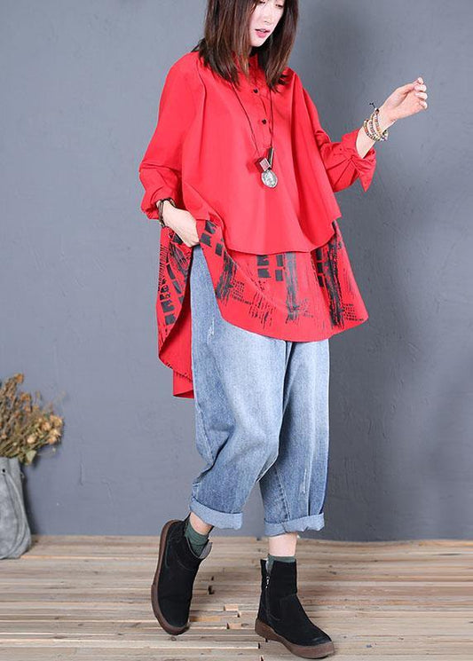 Women red print cotton tunics stand collar patchwork cotton fall blouse - SooLinen