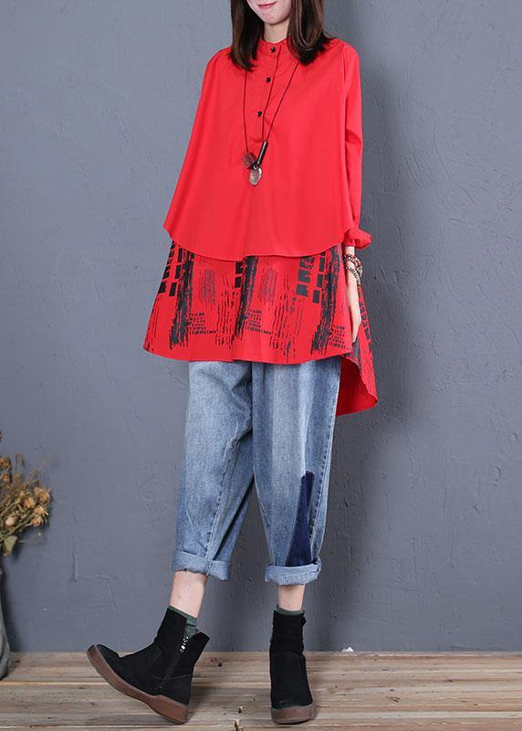 Women red print cotton tunics stand collar patchwork cotton fall blouse - SooLinen