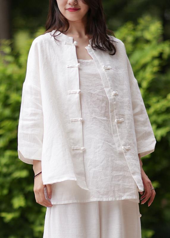 Women stand collar Chinese Button cotton Blouse white silhouette blouse - SooLinen