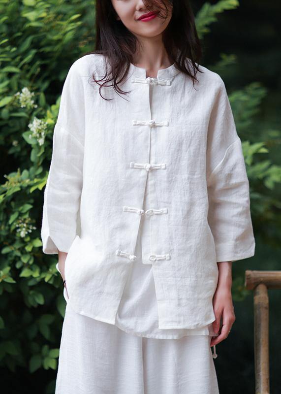 Women stand collar Chinese Button cotton Blouse white silhouette blouse - SooLinen