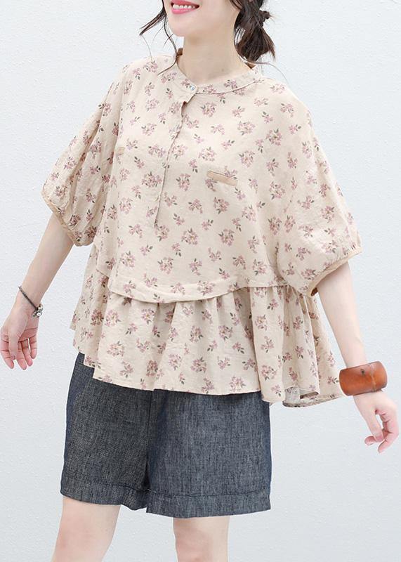 Women stand collar nude prints linen top silhouette design half sleeve blouses summer - SooLinen