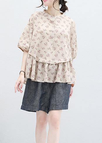 Women stand collar nude prints linen top silhouette design half sleeve blouses summer - SooLinen