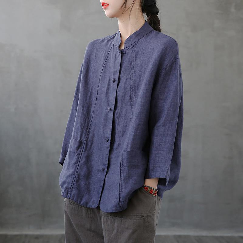 Women stand collar pockets tunics Sewing dark blue top - SooLinen