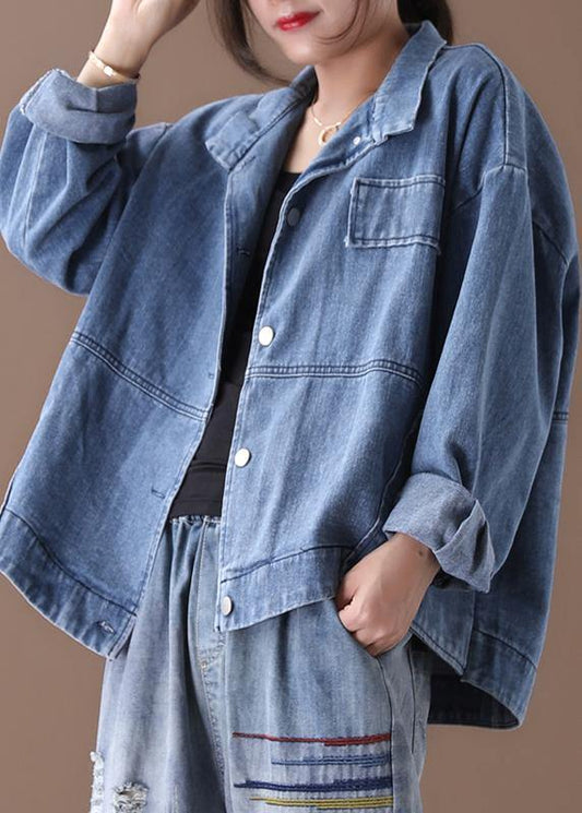 Women stand collar fine casual coats denim blue coats - SooLinen