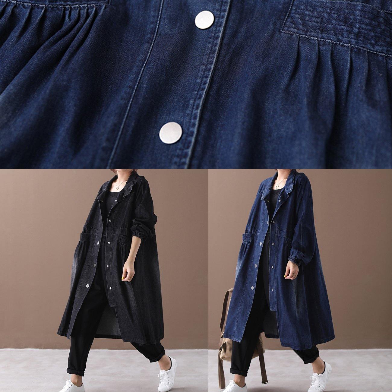 Women stand collar Cinched Fashion coat denim black loose outwears - SooLinen