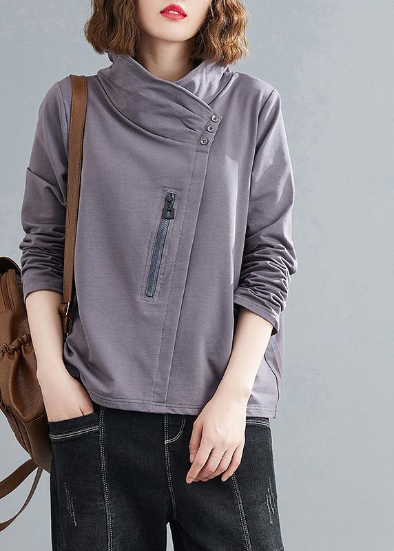 Women stand collar zippered clothes Photography gray blouses - SooLinen