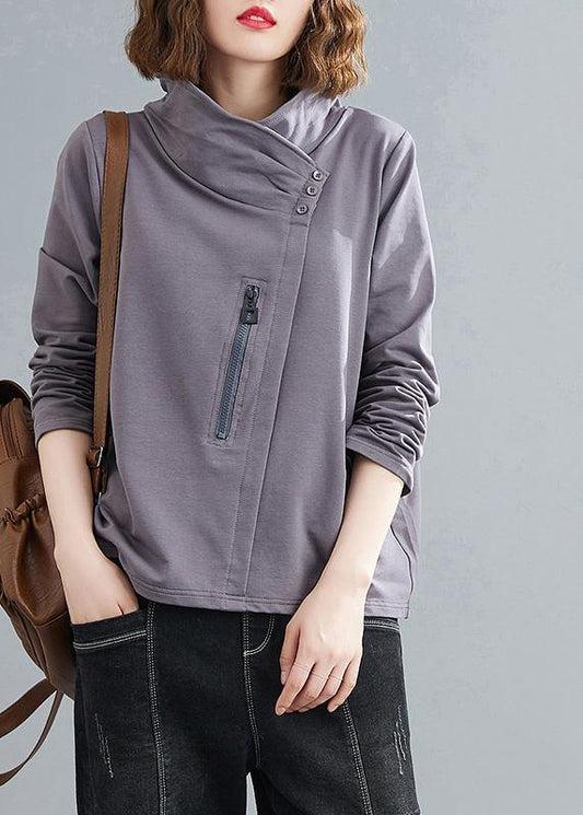 Women stand collar zippered clothes Photography gray blouses - SooLinen