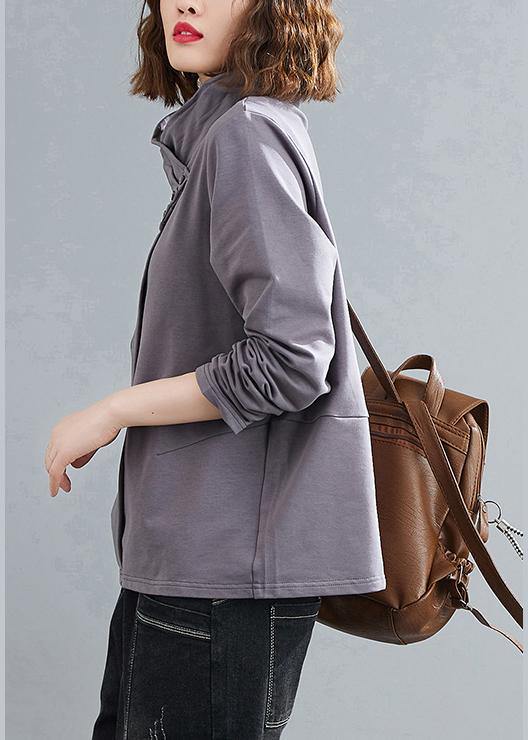 Women stand collar zippered clothes Photography gray blouses - SooLinen